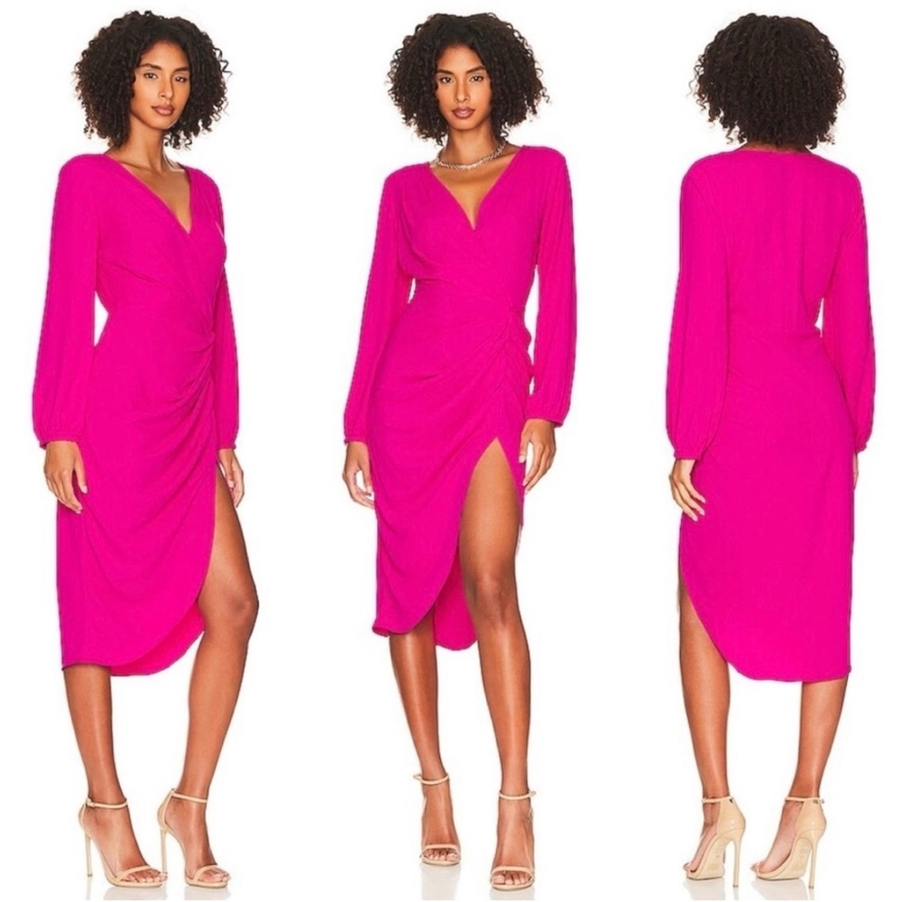 Amanda Uprichard- X Revolve Long Sleeve V Neck Hot Pink Roma Dress Size Medium